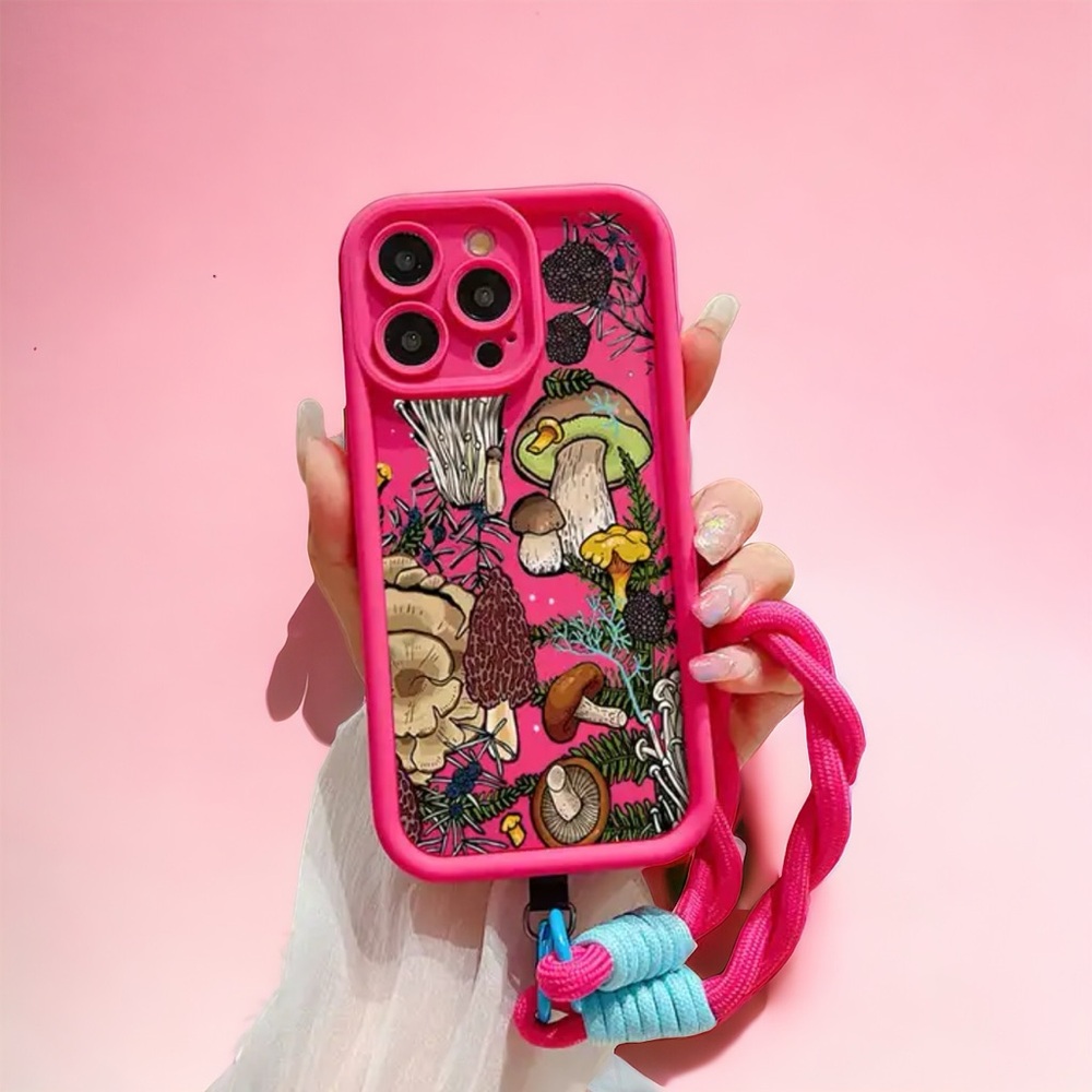 Apple iPhone 16 Pro Max Pink Mushroom Silicone Phone Case Lanyard Strap